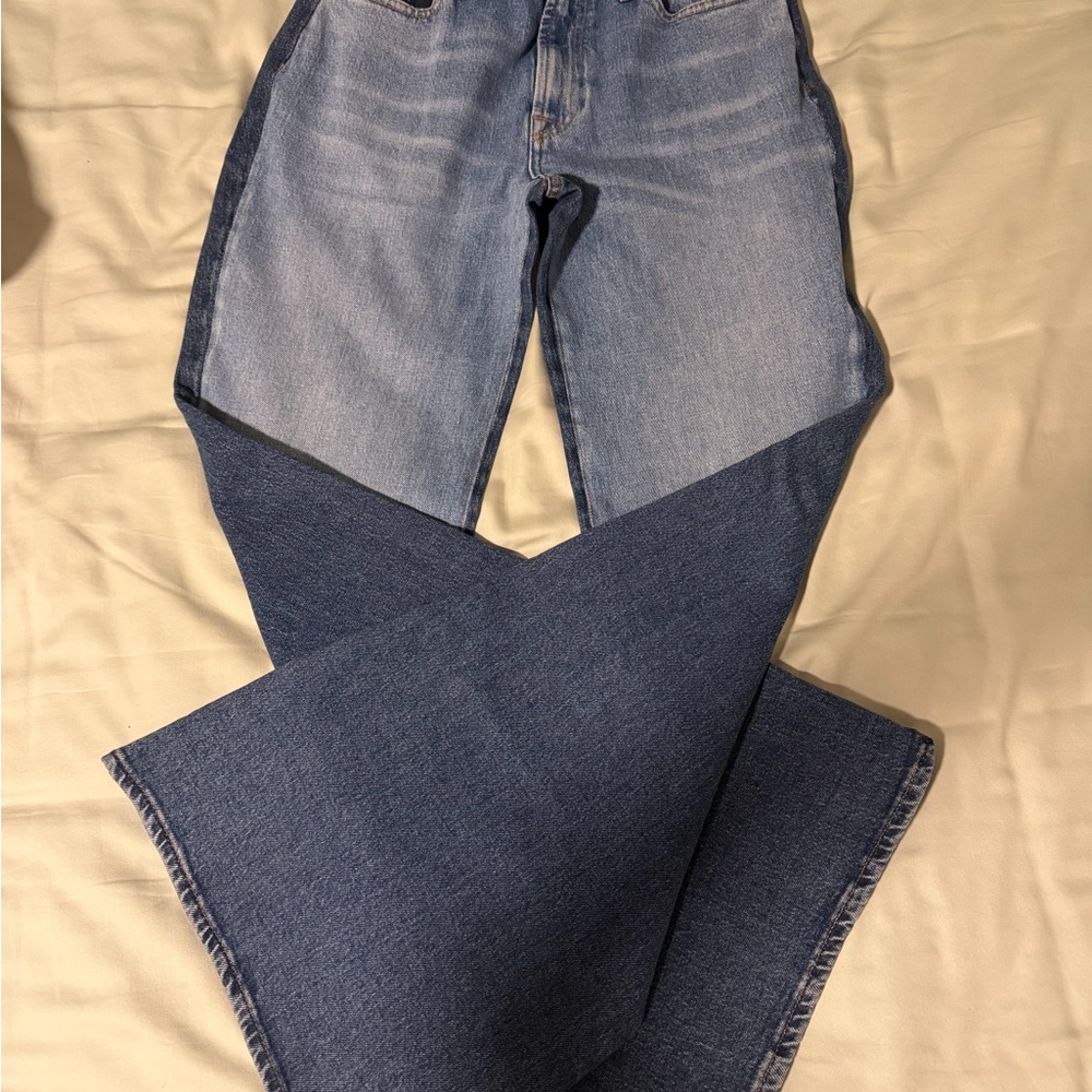 7 For All Mankind Two-Tone Light and Dark Blue Flare Jeans